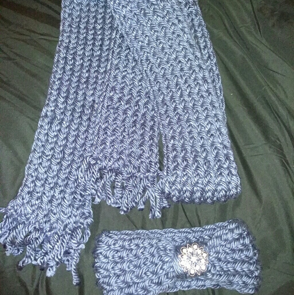 Pale blue knit scarf and ear warmer set